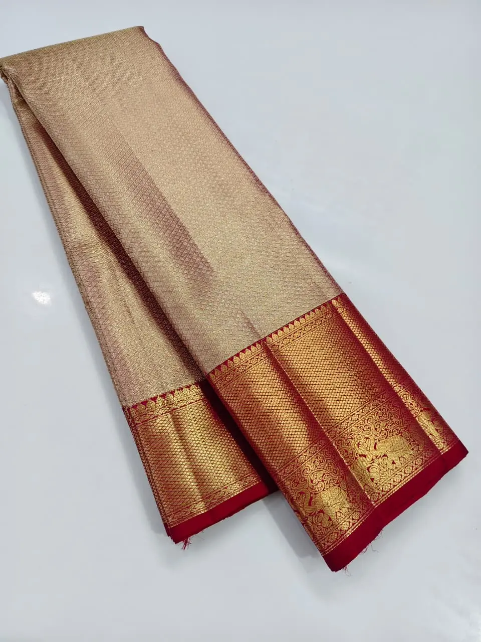 Champagne Gold Bridal Kanchipuram Silk Brocade Saree.